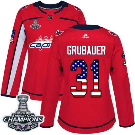Adidas Capitals #31 Philipp Grubauer Red Home Authentic USA Flag Stanley Cup Final Champions Womens Stitched NHL Jersey